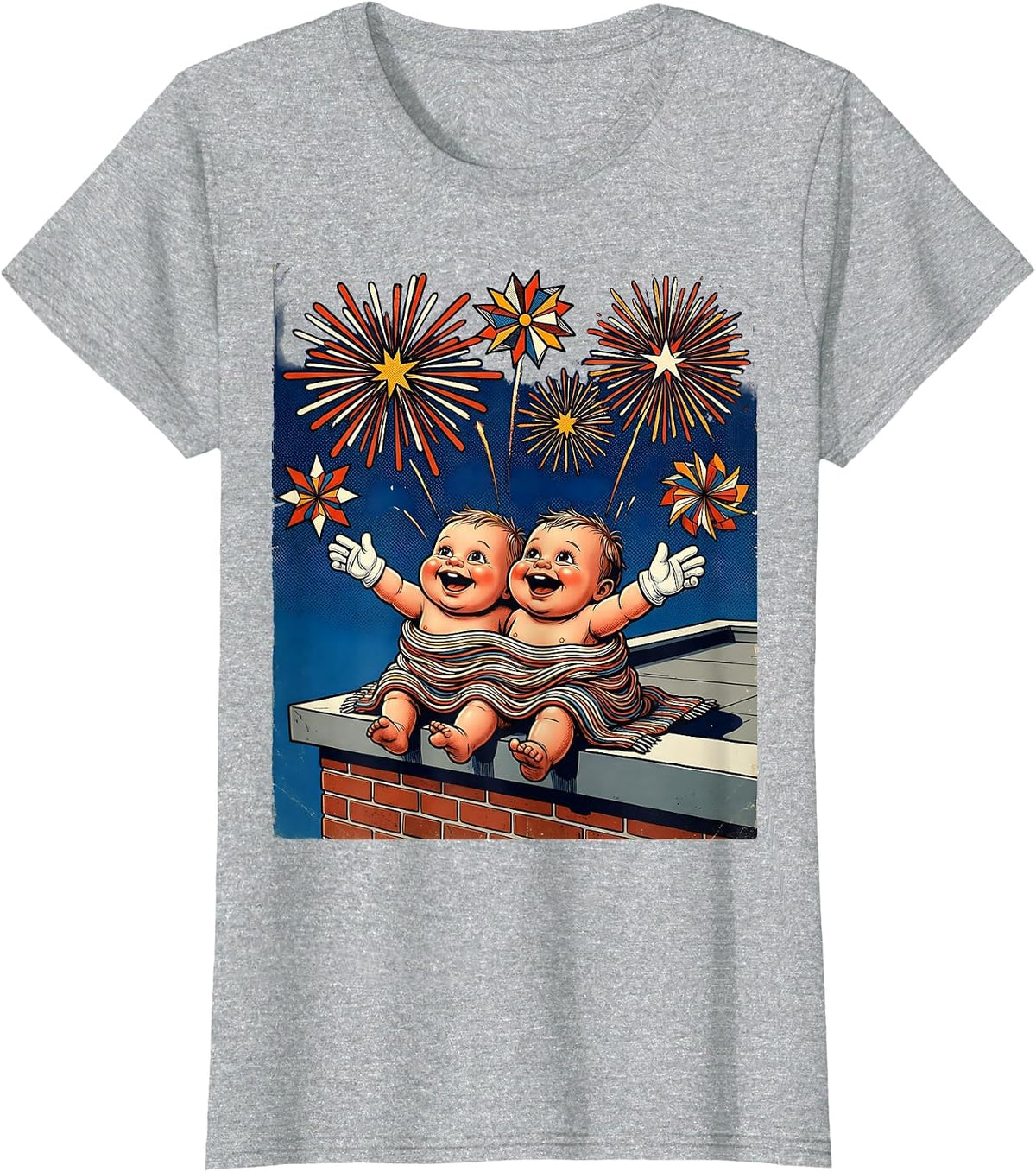 Kids Patriot Day Fireworks Rooftop Night Scene T-Shirt - Heather Grey