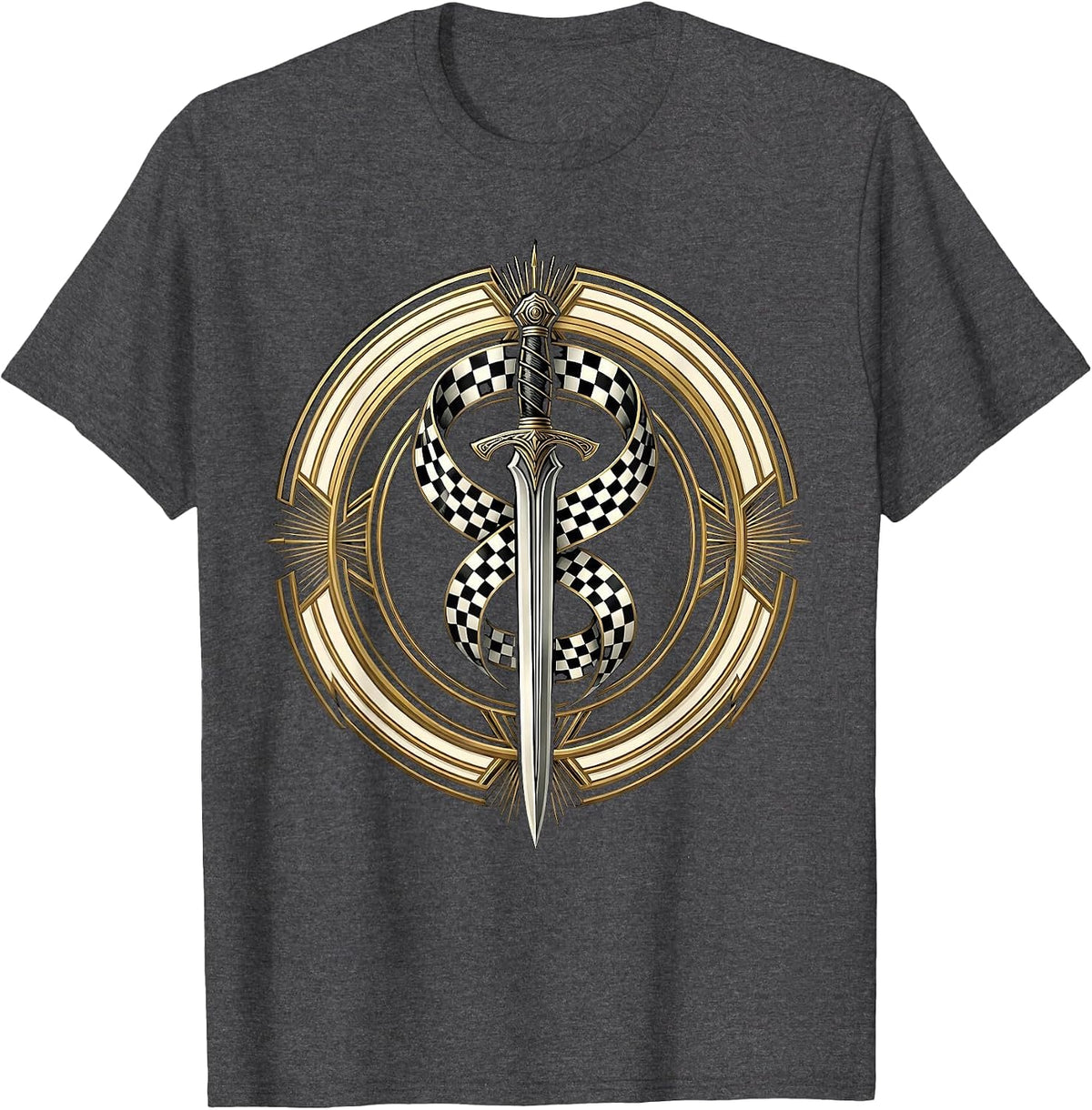 Dagger Wrapped in Checkered Ribbon Graphic T-Shirt - Dark Heather Grey