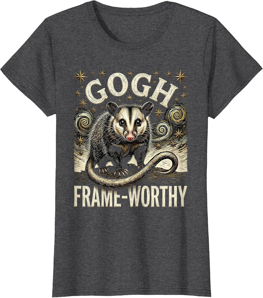Women's Gogh, Frame-Worthy Woodcut Engraving Opossum Van Gogh Art T-Shirt - Dark Heather Grey