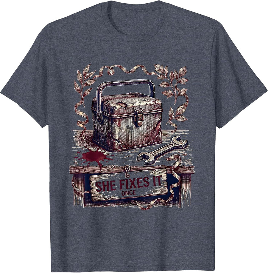 She Fixes It Once Welder Blue-Collar Trade Humor T-Shirt - Heather Blue
