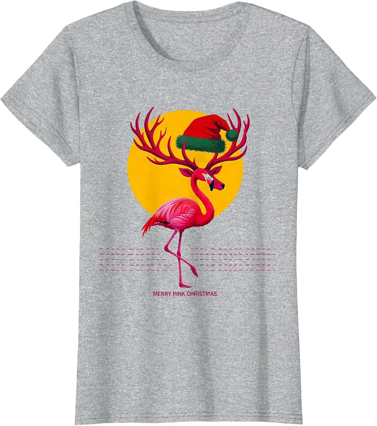 Women's Merry Pink Christmas Flamingo Santa Hat Holiday Humor T-Shirt - Heather Grey