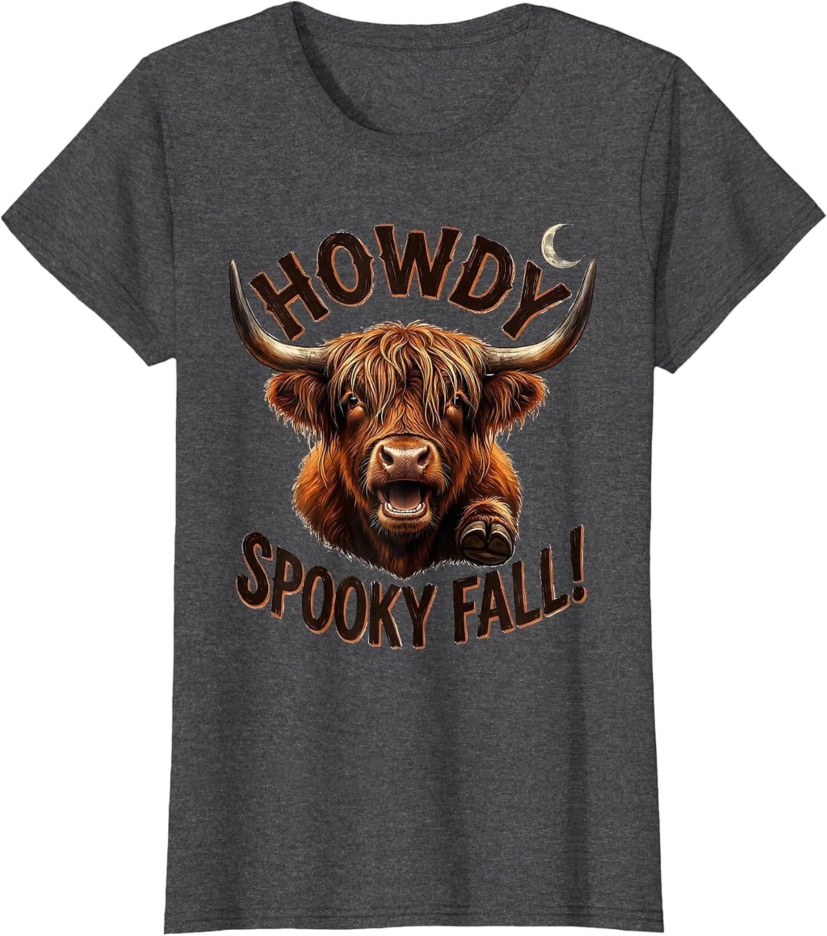 Women's Howdy, Spooky Fall! Funny Highland Cow Fall Halloween Humor T-Shirt - Dark Heather Grey