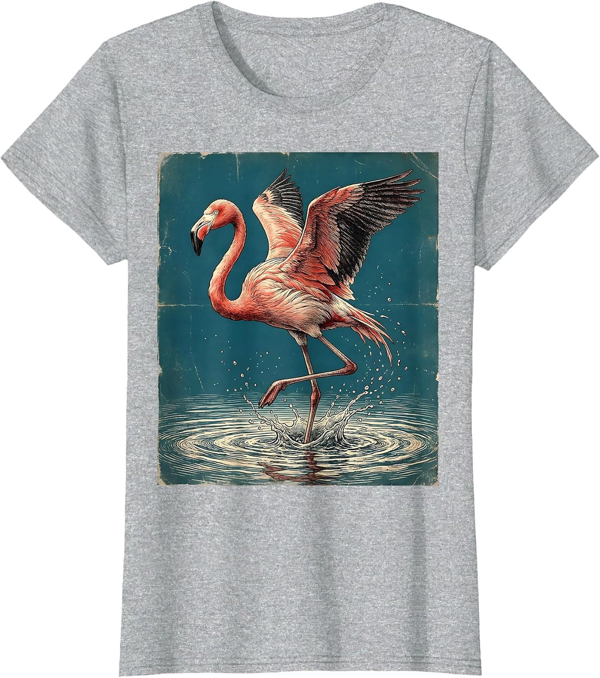 Flamingo Splashing Through Pink Water Art T-Shirt - Heather Grey