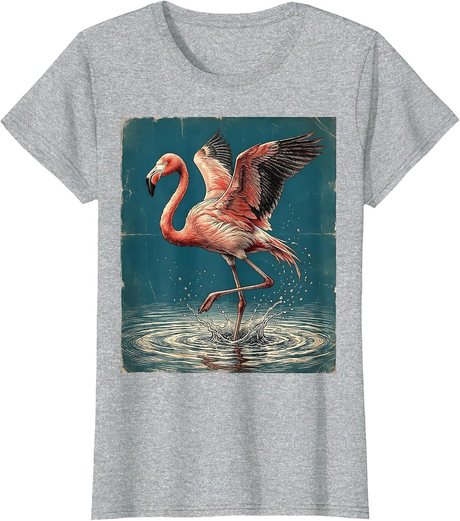 Flamingo Splashing Through Pink Water Art T-Shirt - Heather Grey