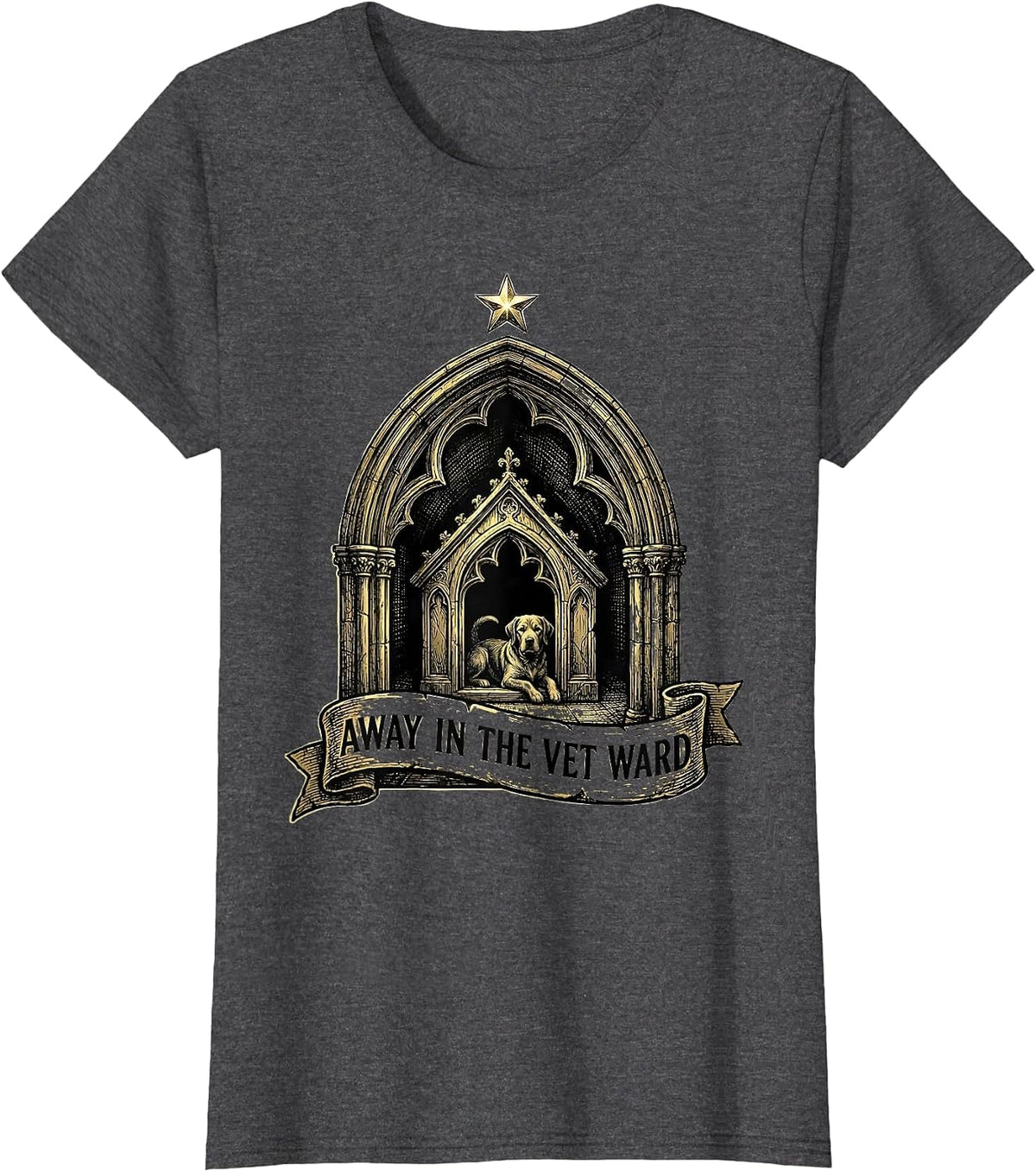 Women's Away In The Vet Ward Gothic Veterinary Tech Christmas Humor T-Shirt - Dark Heather Grey