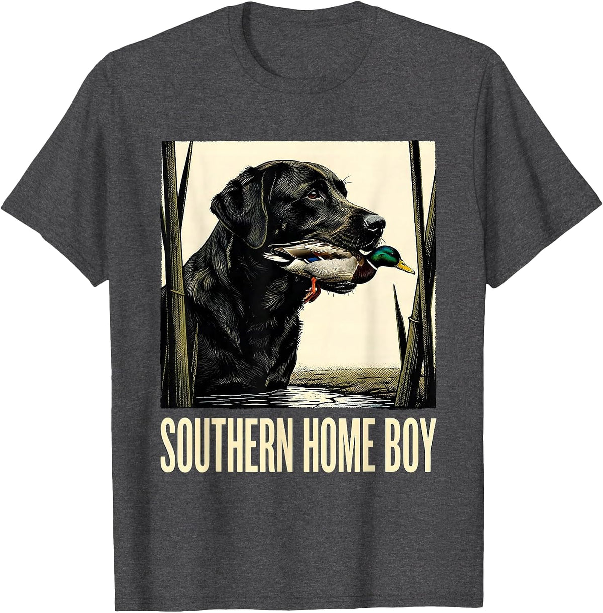 Men's Southern Home Boy Labrador Retriever Hunting Dog Marsh Scene T-Shirt - Dark Heather Grey