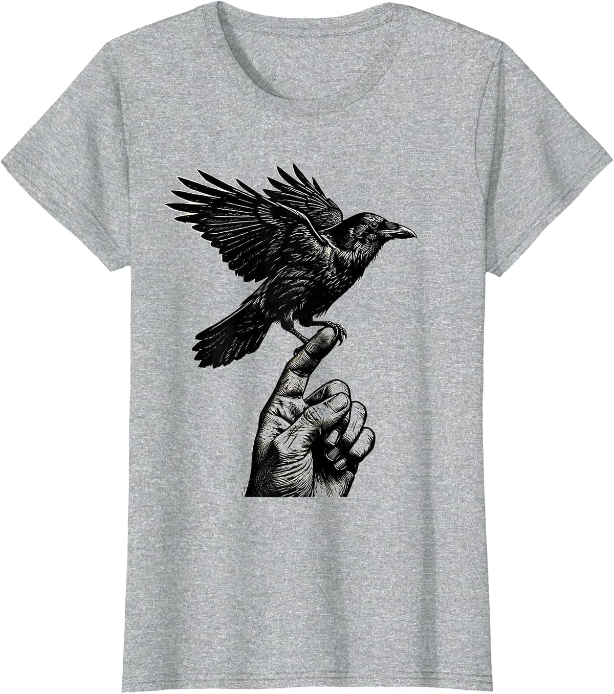 Crow Perched on Raised Fist Illustration T-Shirt - Heather Grey