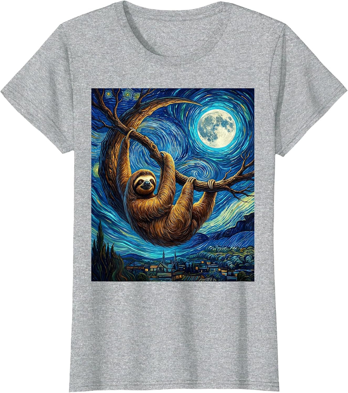 Sloth Starry Night Van Gogh Animal Lover Art Homage T-Shirt - Heather Grey