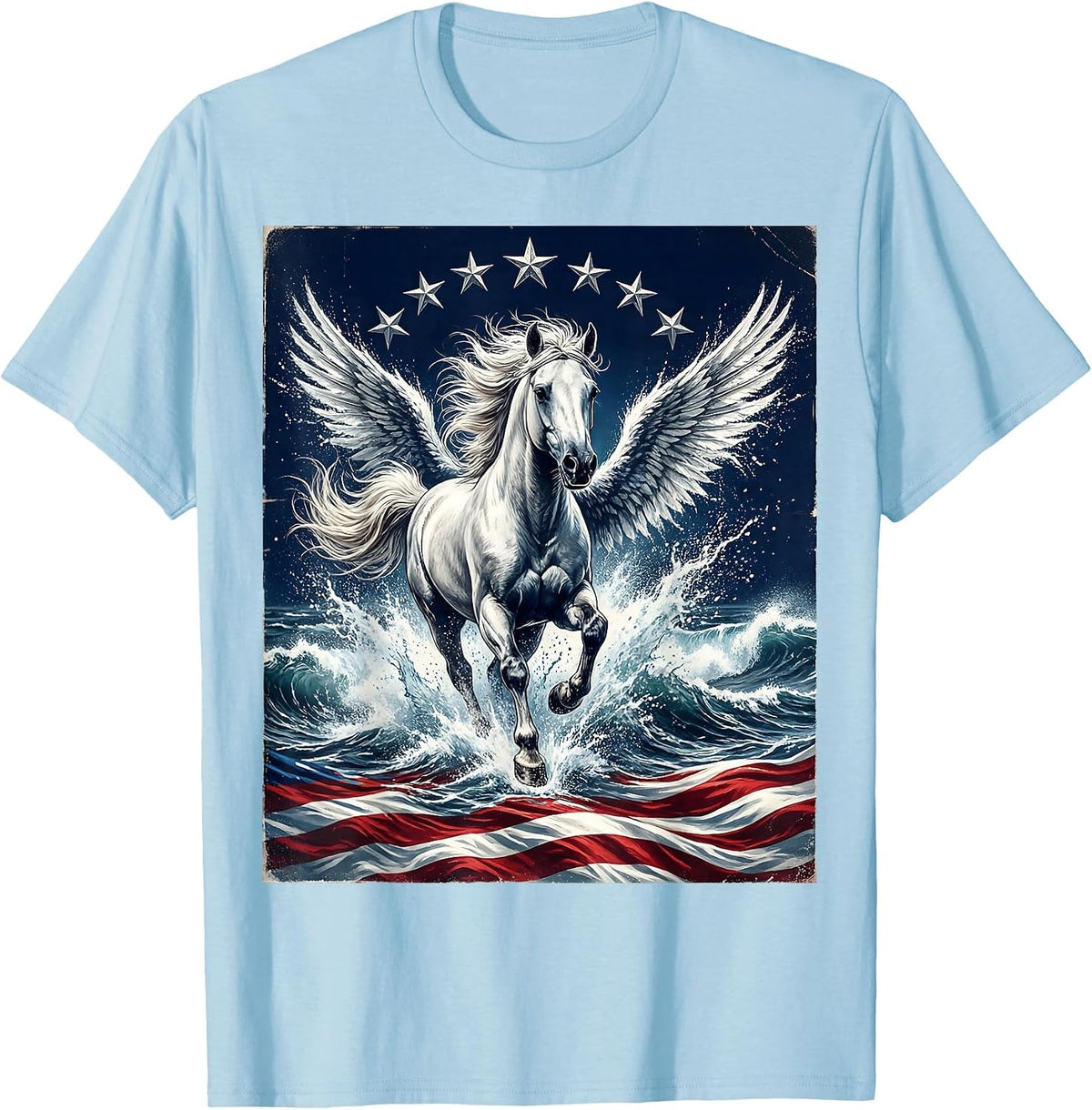 Men's White Horse Galloping Through Crashing Waves T-Shirt - Baby Blue