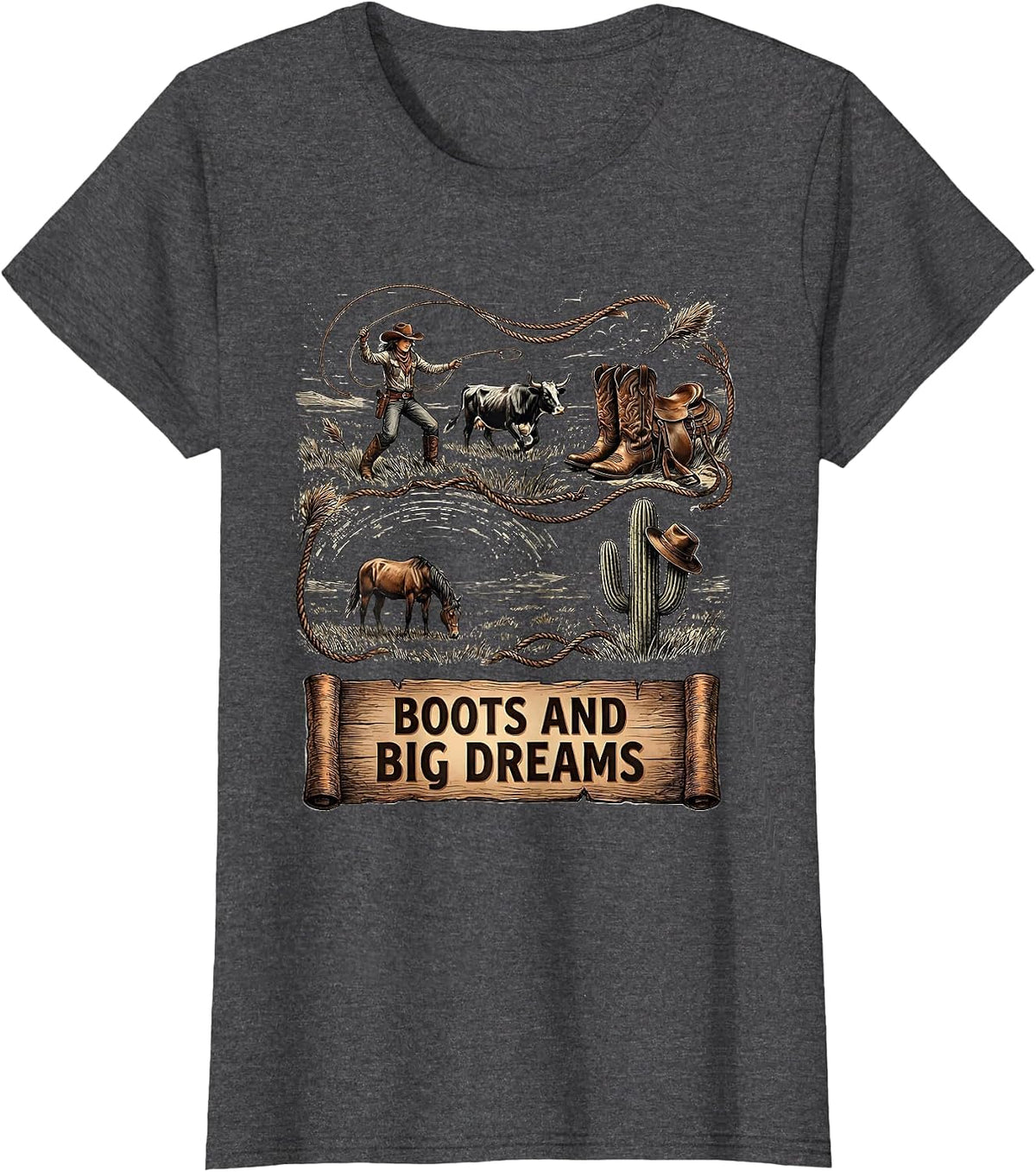 Women's Boots and Big Dreams Cowgirl Graphic Design T-Shirt - Dark Heather Grey