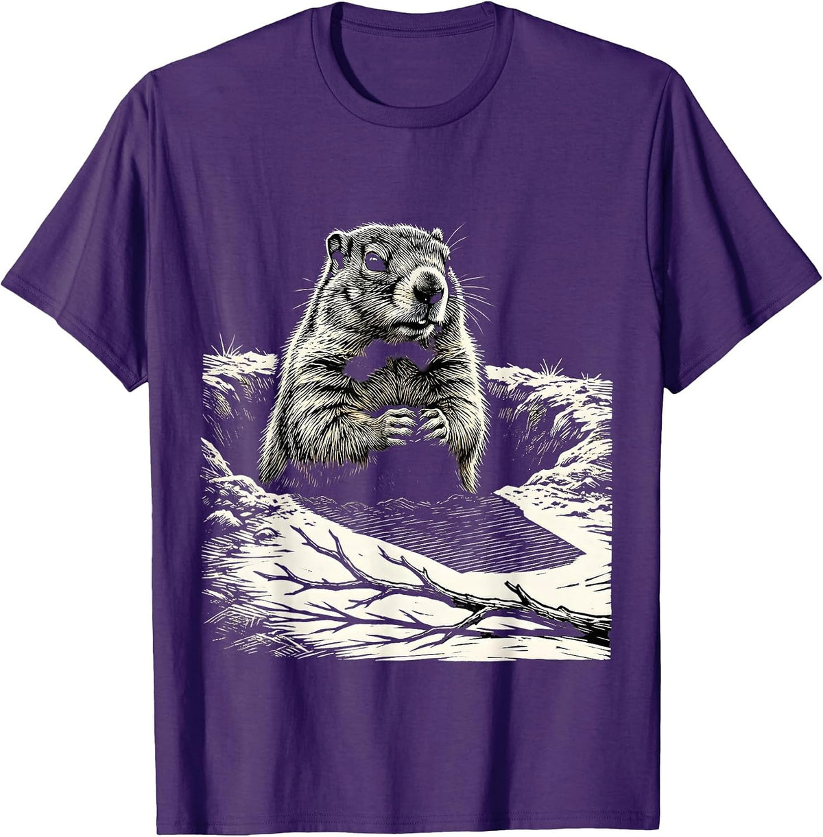 Groundhog Burrow Woodcut Funny Animal Humor T-Shirt - Purple