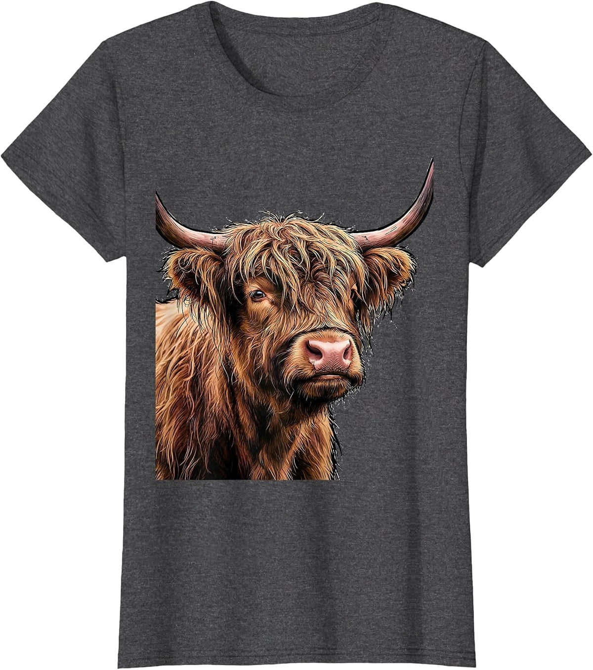 Women's Shaggy Highland Cow Head Farm Animal Humor Novelty T-Shirt - Dark Heather Grey