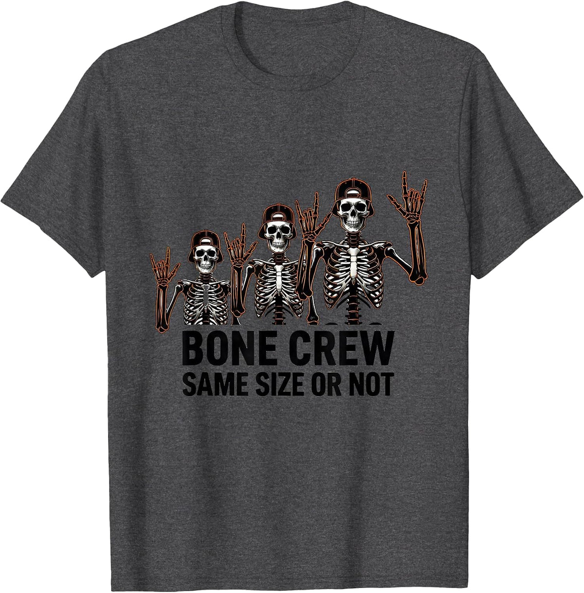 Men's Bone Crew Same Size Or Not Line Art Punk Rock Skeleton T-Shirt - Dark Heather Grey
