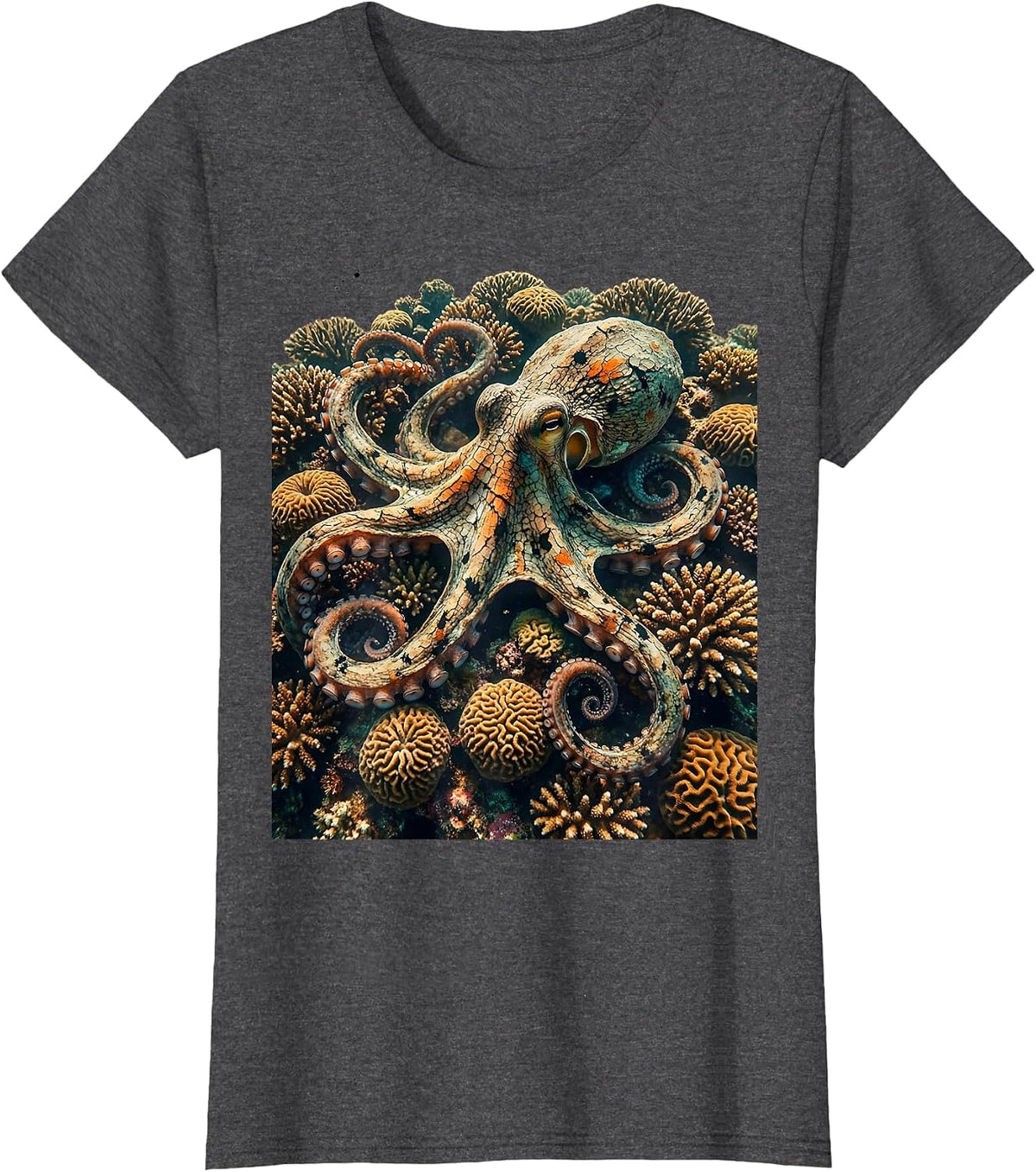 Women's Octopus Hiding in Colorful Coral Hawaiian Design T-Shirt - Dark Heather Grey