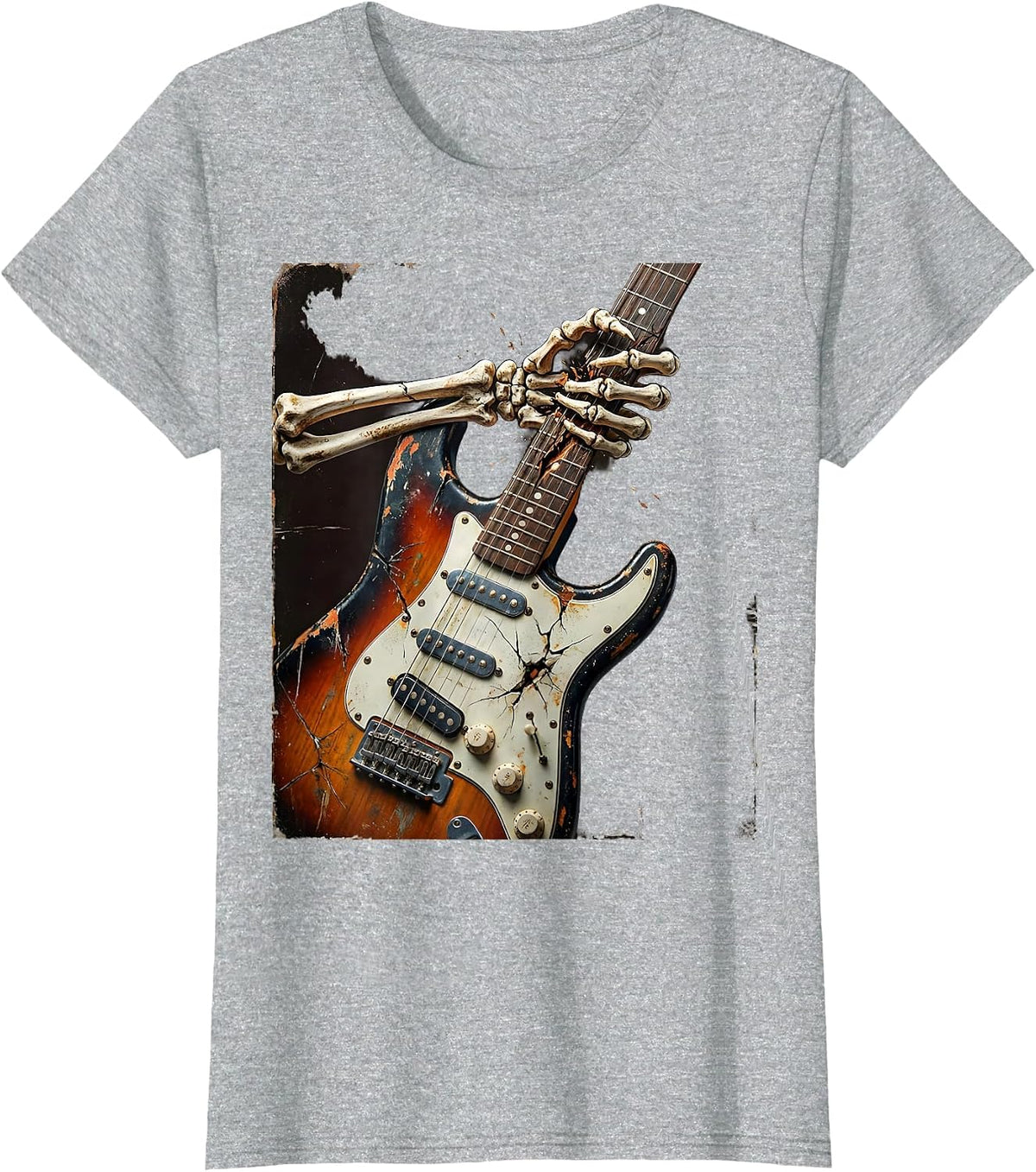 Skeleton Fingers Shredding Electric Guitar T-Shirt - Heather Grey