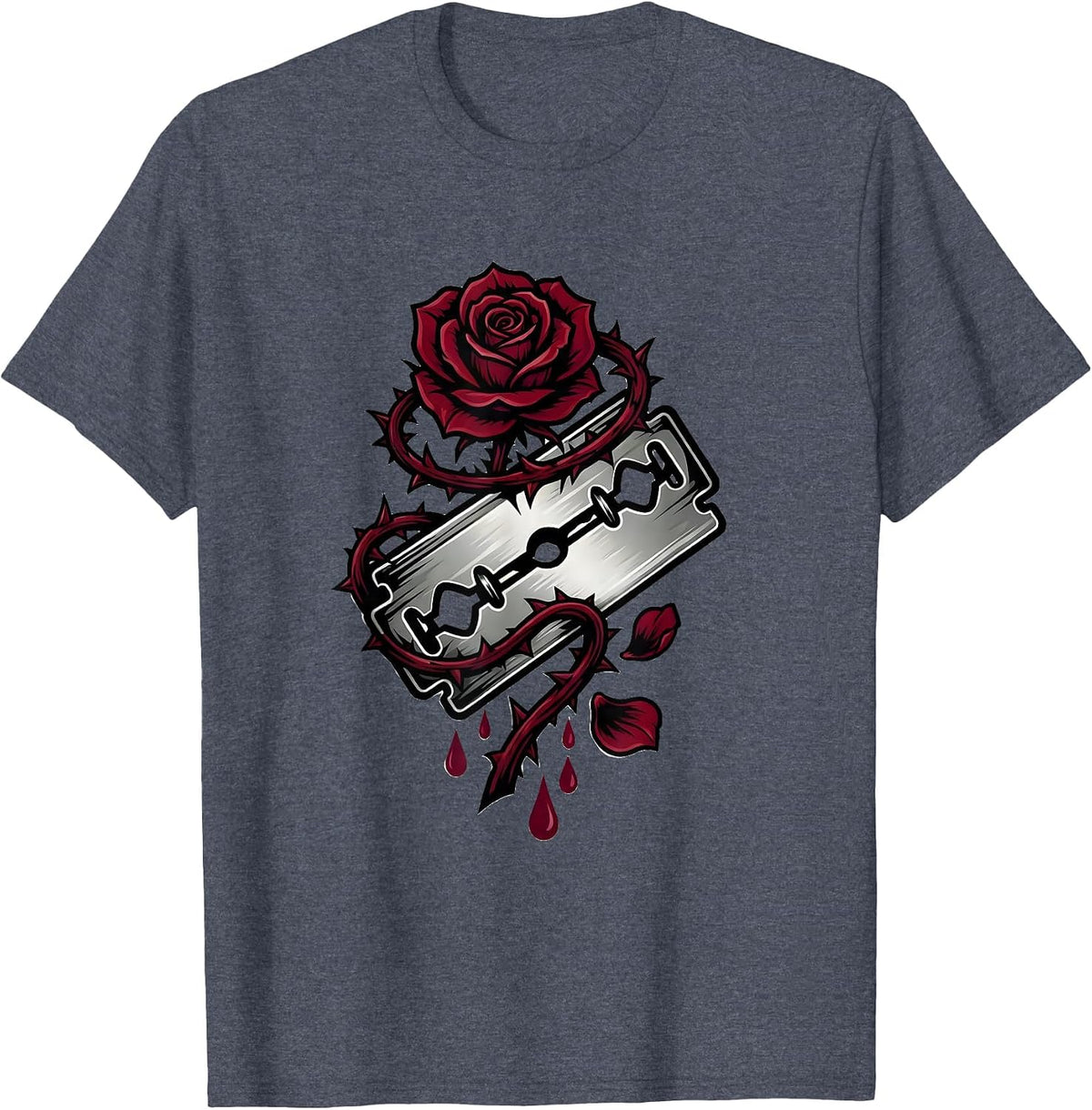 Razorblade Rose Punk Gothic Thorn Graphic Tee T-Shirt - Heather Blue
