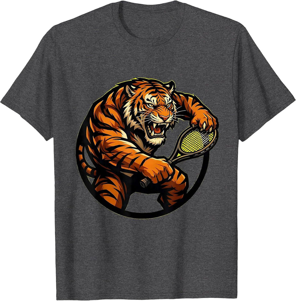 Tiger Tennis Player Fierce Lunging Racket Graphic T-Shirt - Dark Heather Grey