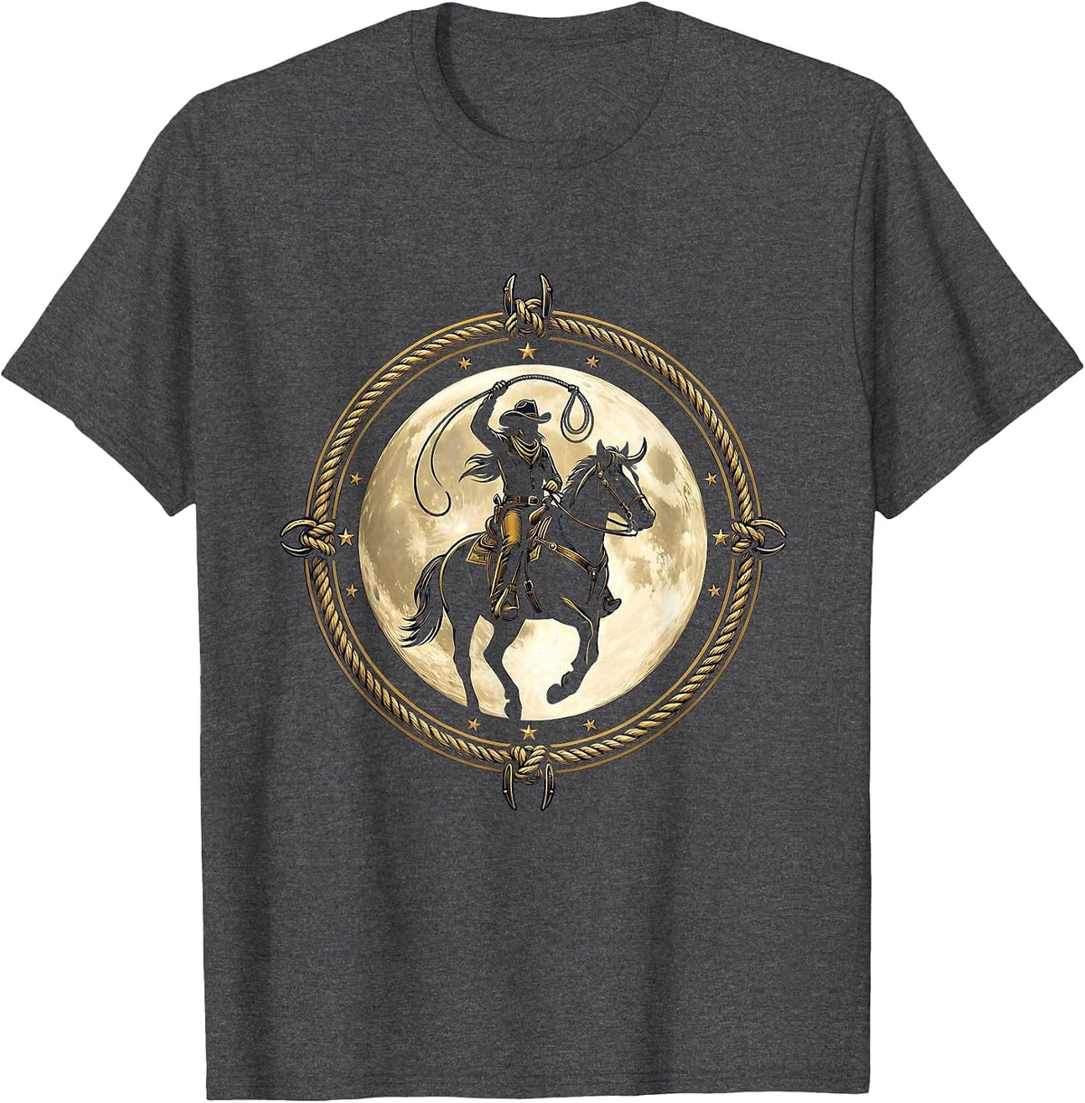 Cowgirl Silhouette Full Moon Western Graphic T-Shirt - Dark Heather Grey
