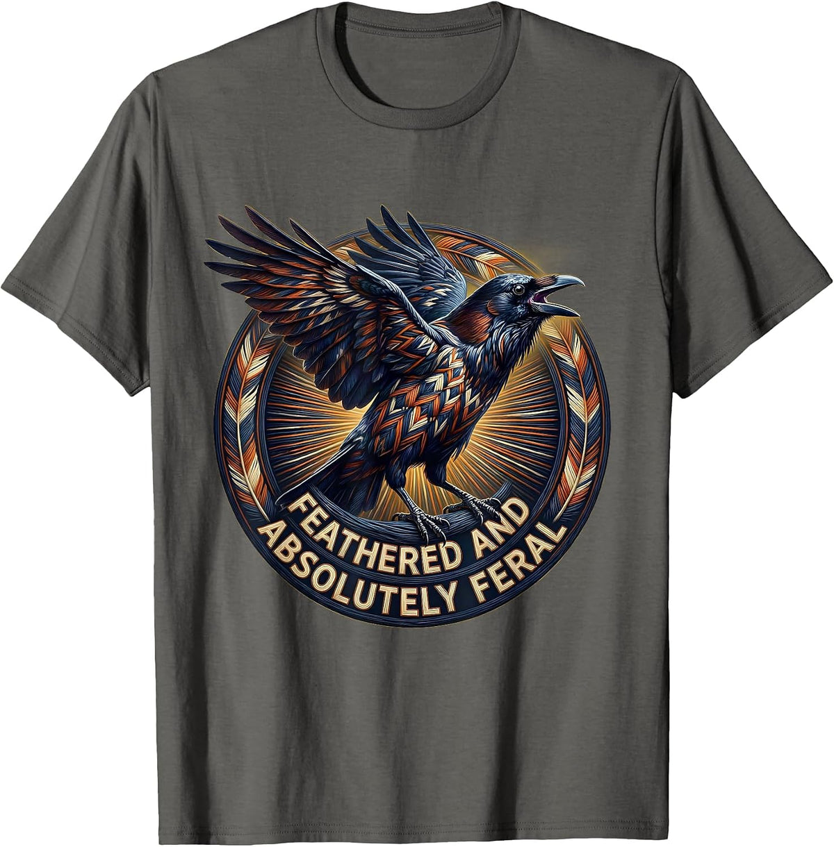 Feathered and Absolutely Feral Crow Design T-Shirt - Asphalt Grey