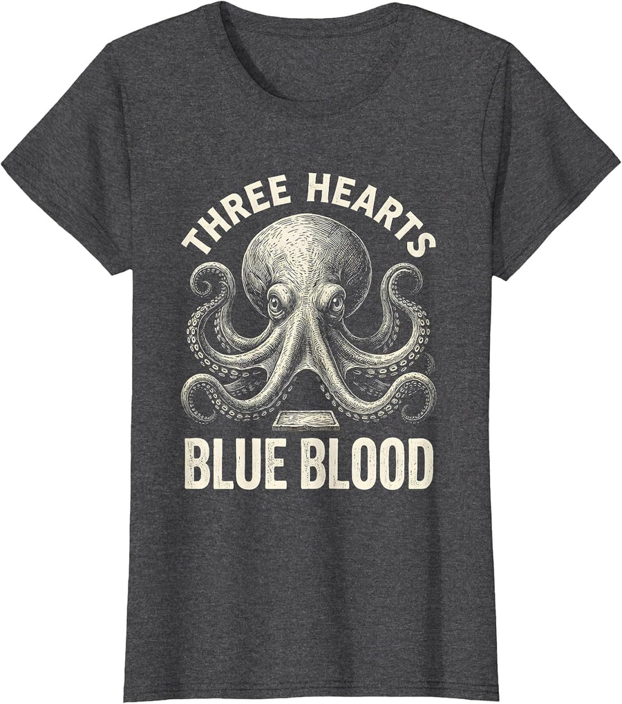 Women's Three Hearts Blue Blood Woodcut Engraving Octopus Lover T-Shirt - Dark Heather Grey