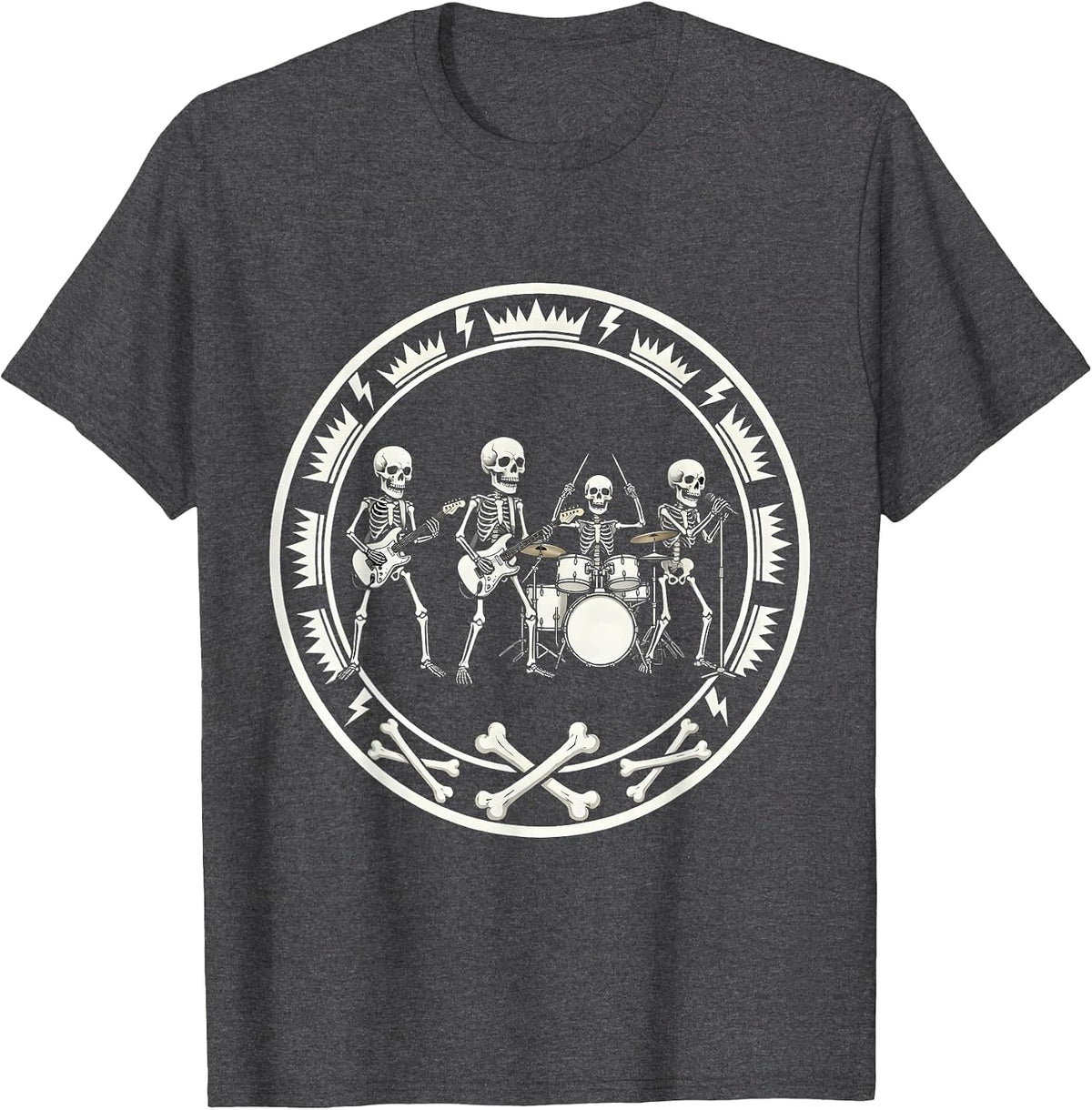 Skeleton Band Heavy Metal Stage Concert Graphic T-Shirt - Dark Heather Grey