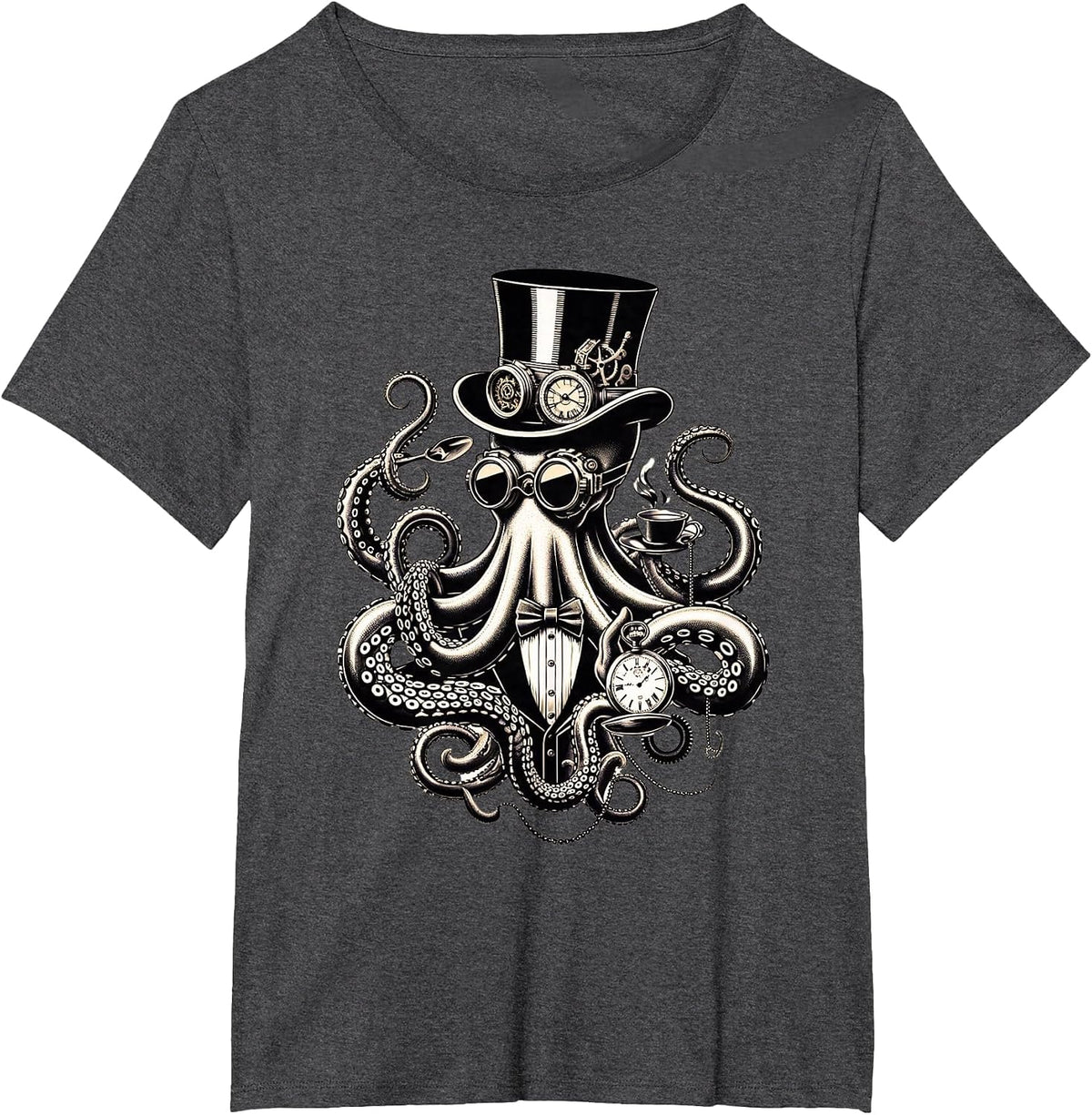Funny Octopus Steampunk Top Hat Coffee Cup Pocket Watch T-Shirt - Dark Heather Grey