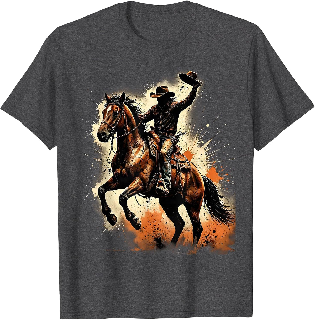 Cowboy Riding Bucking Bronco Rodeo Graphic T-Shirt - Dark Heather Grey