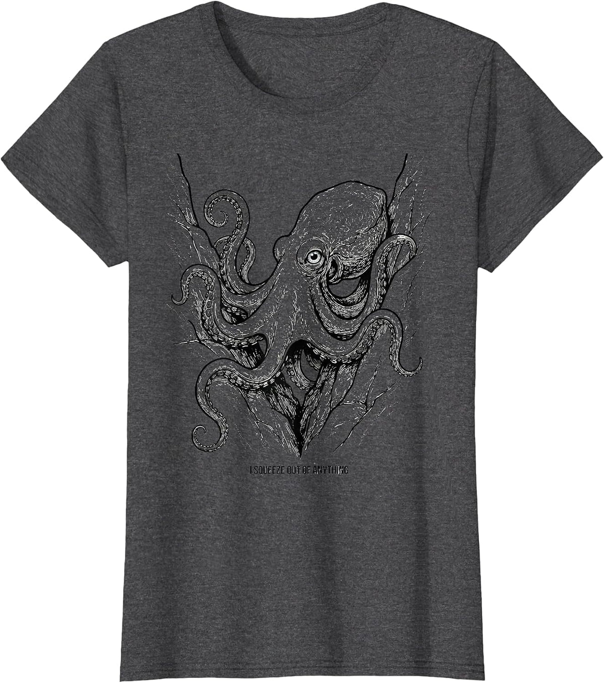 Women's I Squeeze Out Of Anything Funny Octopus Line Art Ocean T-Shirt - Dark Heather Grey