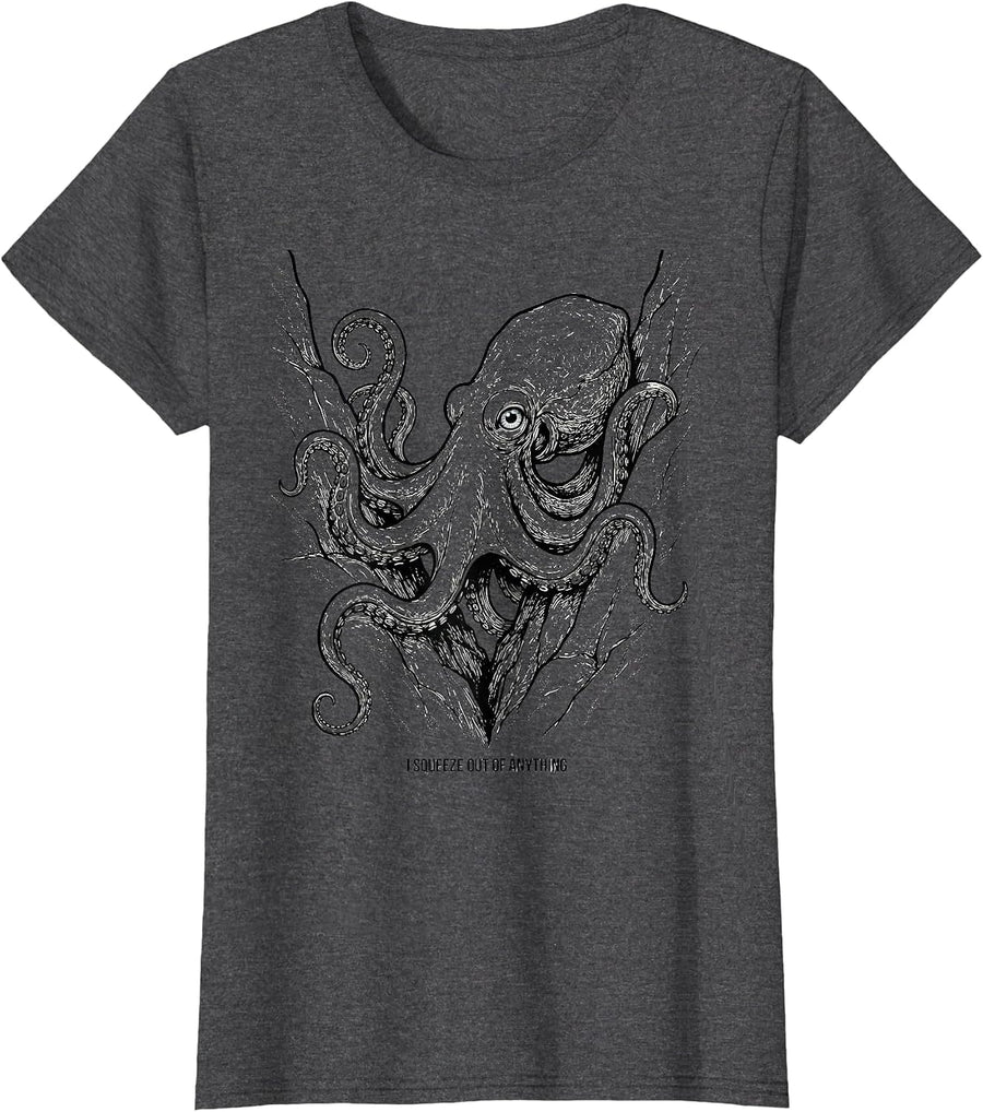 Women's I Squeeze Out Of Anything Funny Octopus Line Art Ocean T-Shirt - Dark Heather Grey