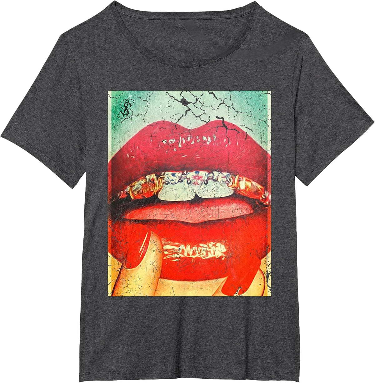 Diamonds in the Mouth Red Lips and Grills T-Shirt - Dark Heather Grey