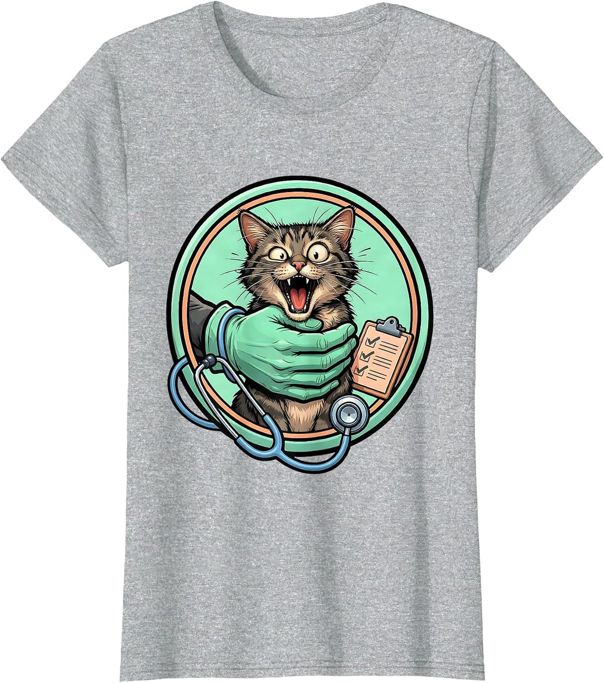 Cartoon Vet Tech Cat Restraint Pet Worker Humor T-Shirt - Heather Grey