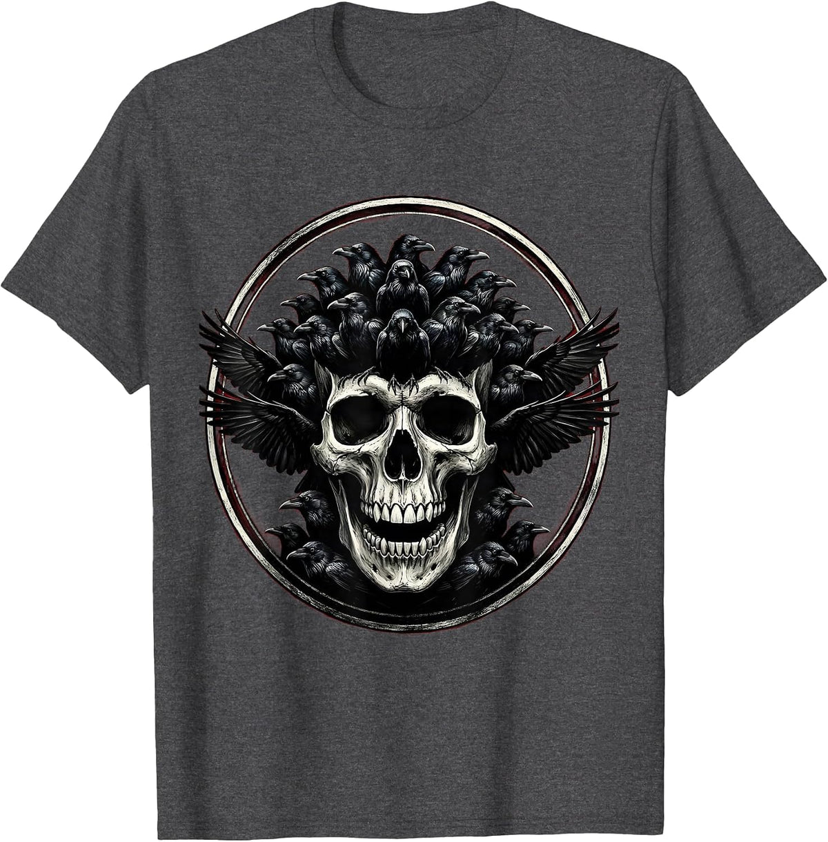 Men's Flock of Crows Skull Illusion Dark Art Design T-Shirt - Dark Heather Grey
