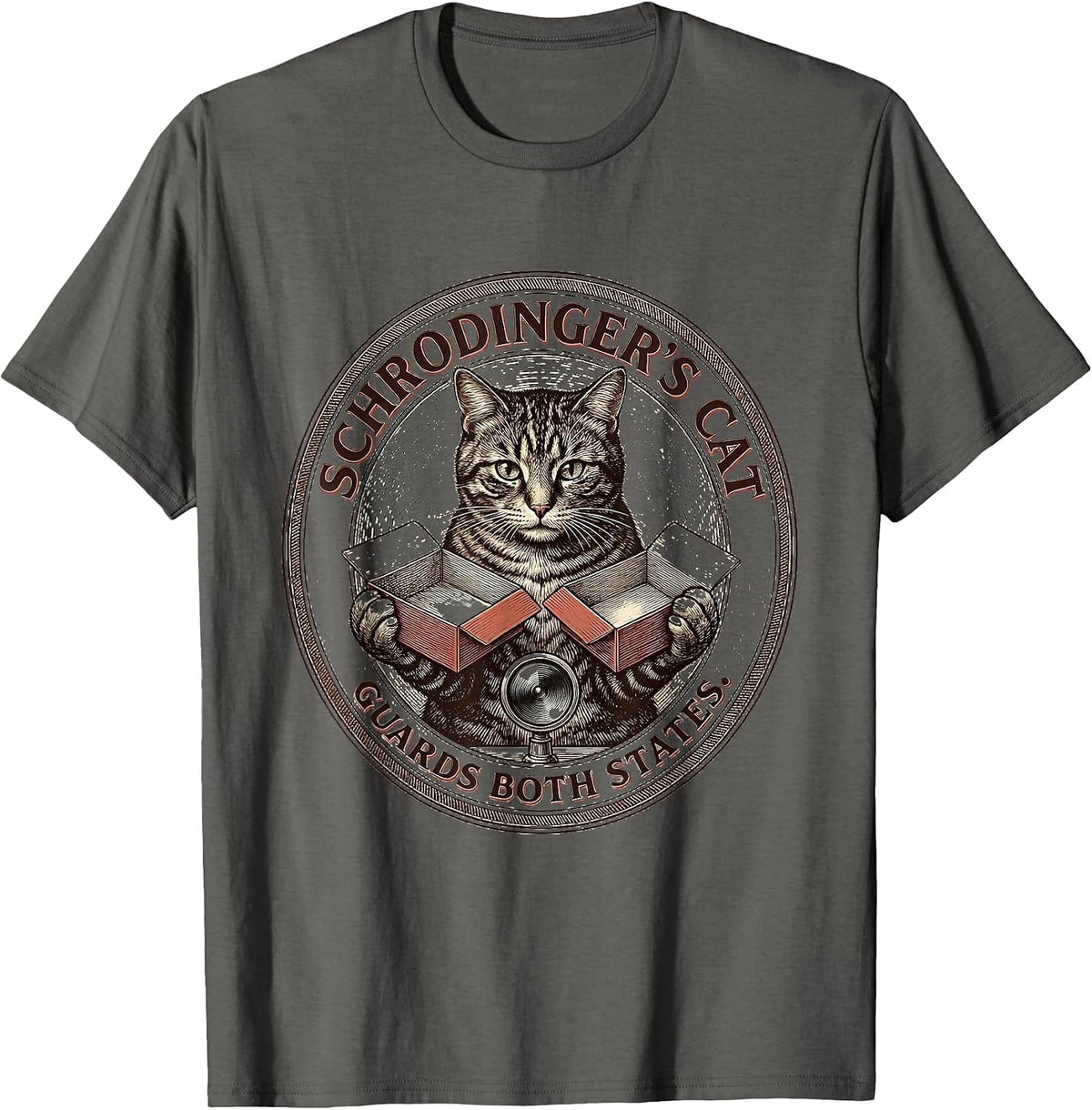 Men's Schrodinger's Cat Guards Both States Funny Quantum Physics T-Shirt - Asphalt Grey
