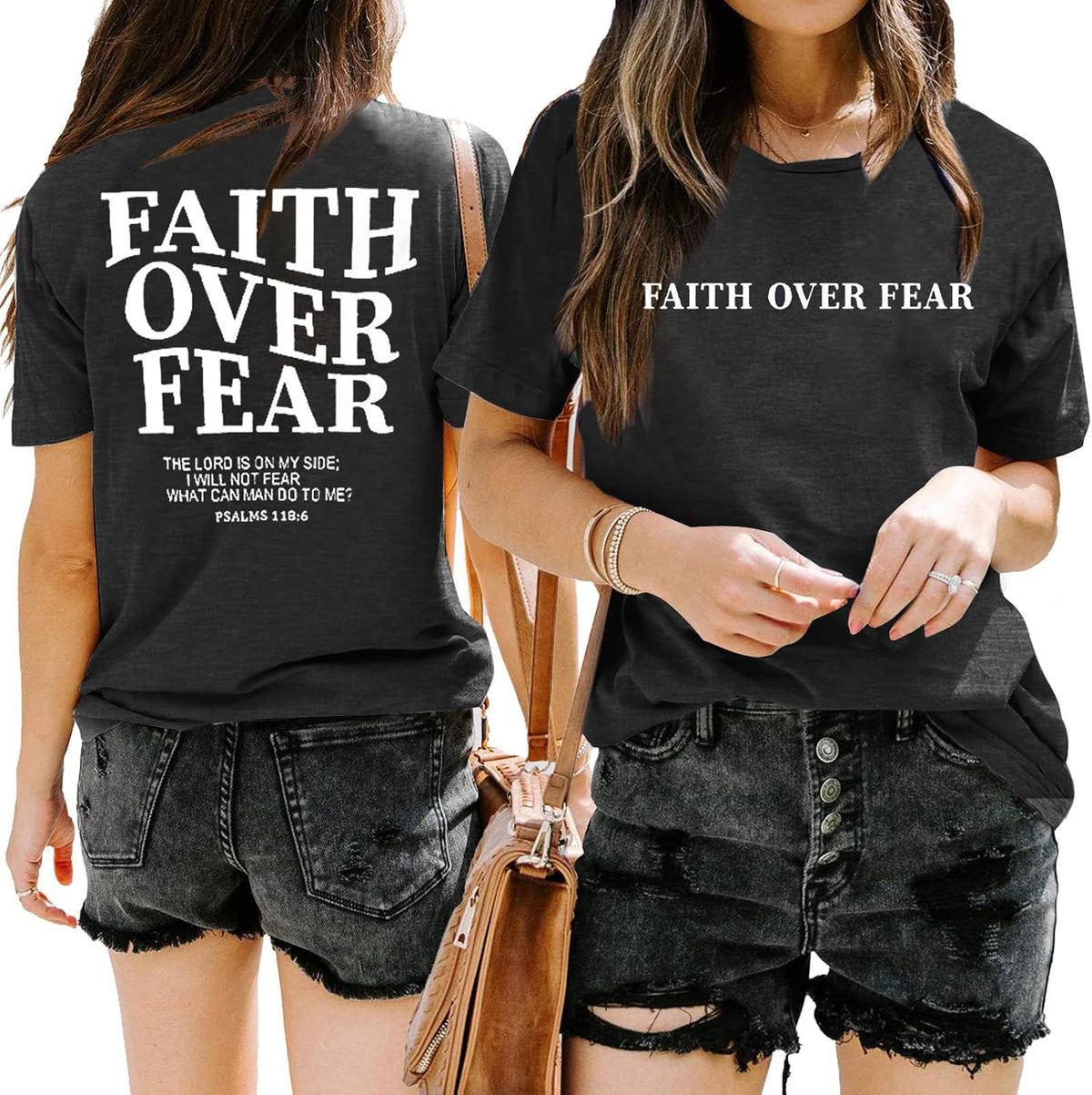Faith Over Fear Tee Shirt Women Oversized Christian Religious Sayings Tshirts Short Sleeve Tee Tops - Dark Grey
