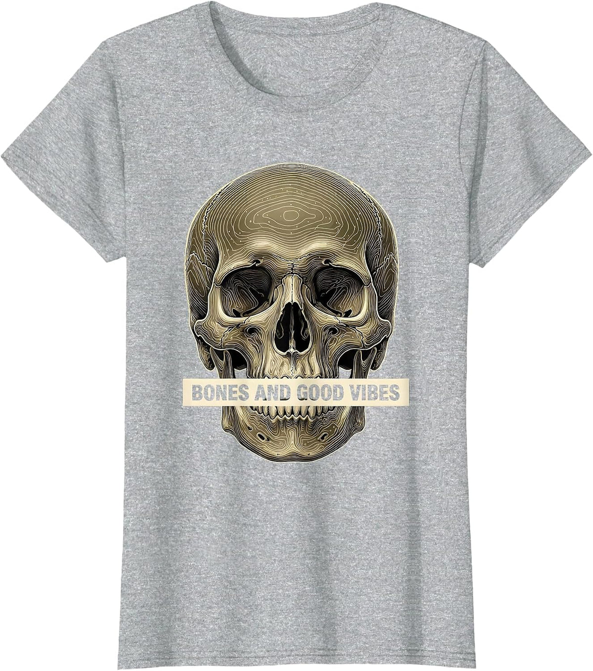 Women's Bones and Good Vibes Laid-Back Graphic Design T-Shirt - Heather Grey