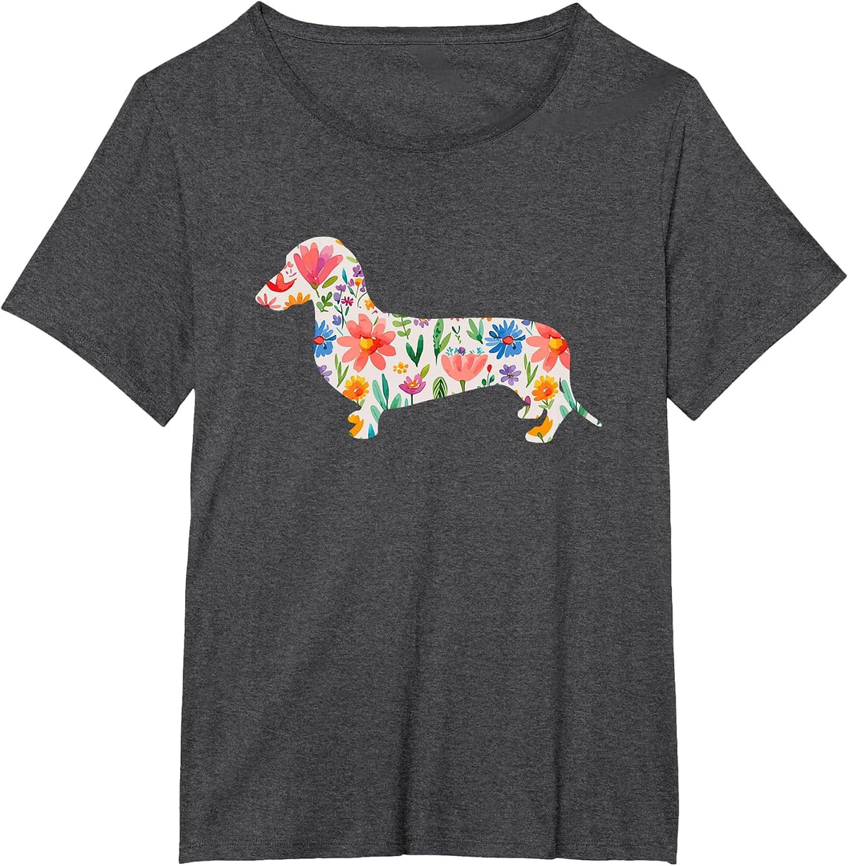 Smooth Dachshund Watercolor Flowers Design T-Shirt - Dark Heather Grey