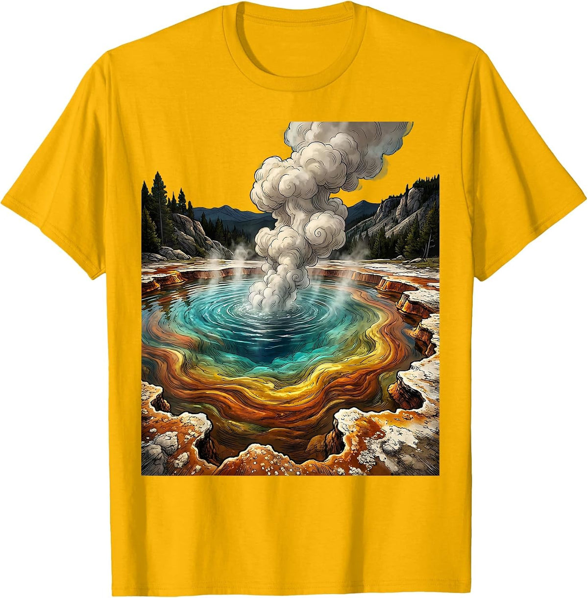 Men's National Park Hot Spring Mineral Pool Illustration T-Shirt - Golden Yellow