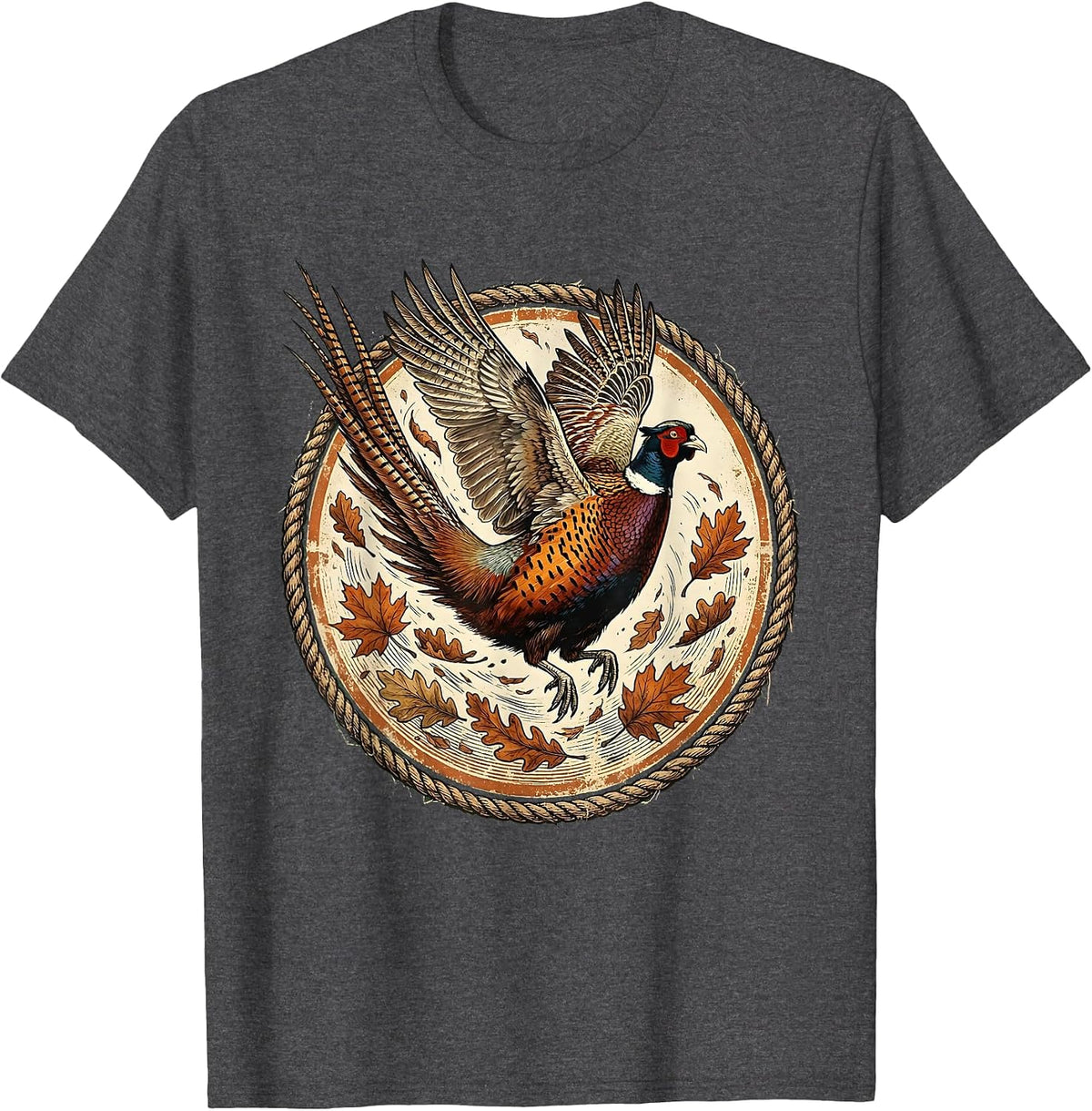 Pheasant Flush Autumn Leaves Wildlife Illustration T-Shirt - Dark Heather Grey
