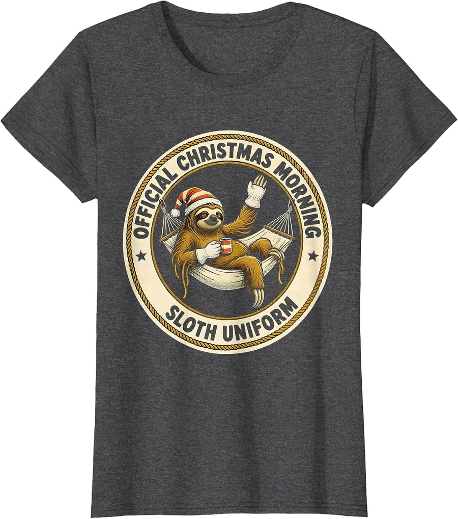 Women's Official Christmas Morning Sloth Uniform Funny T-Shirt - Dark Heather Grey