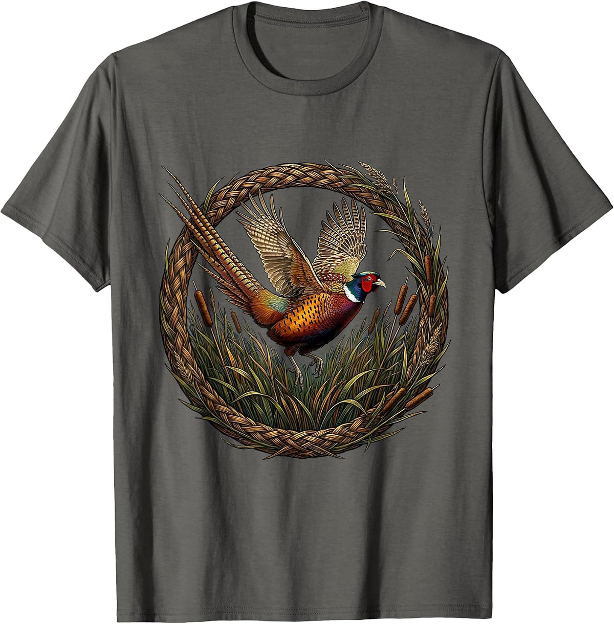 Men's Pheasant Flush Rising Through Tall Grass T-Shirt - Asphalt Grey