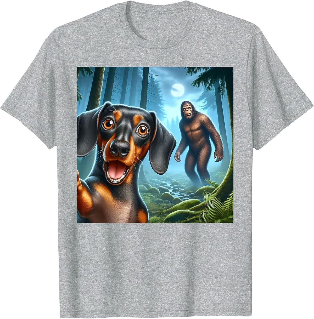 Dachshund Selfie with Bigfoot Sasquatch T-Shirt - Heather Grey