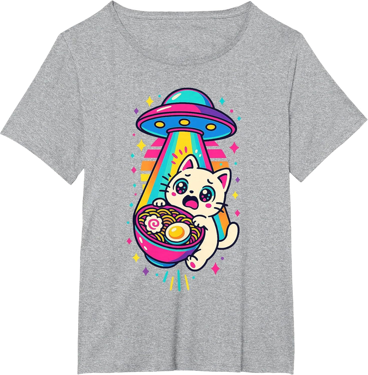 Funny Kawaii Cat Ramen UFO Japanese Anime Women Girls Teens T-Shirt - Heather Grey