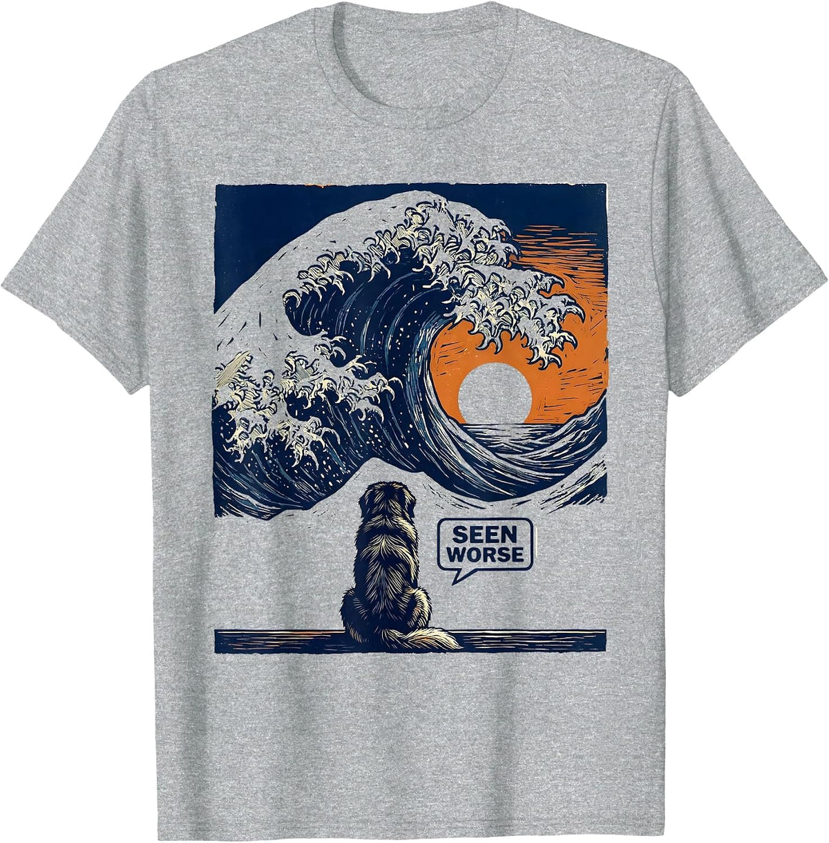 Men's Seen Worse Linocut Great Wave Dog Breed Humor T-Shirt - Heather Grey