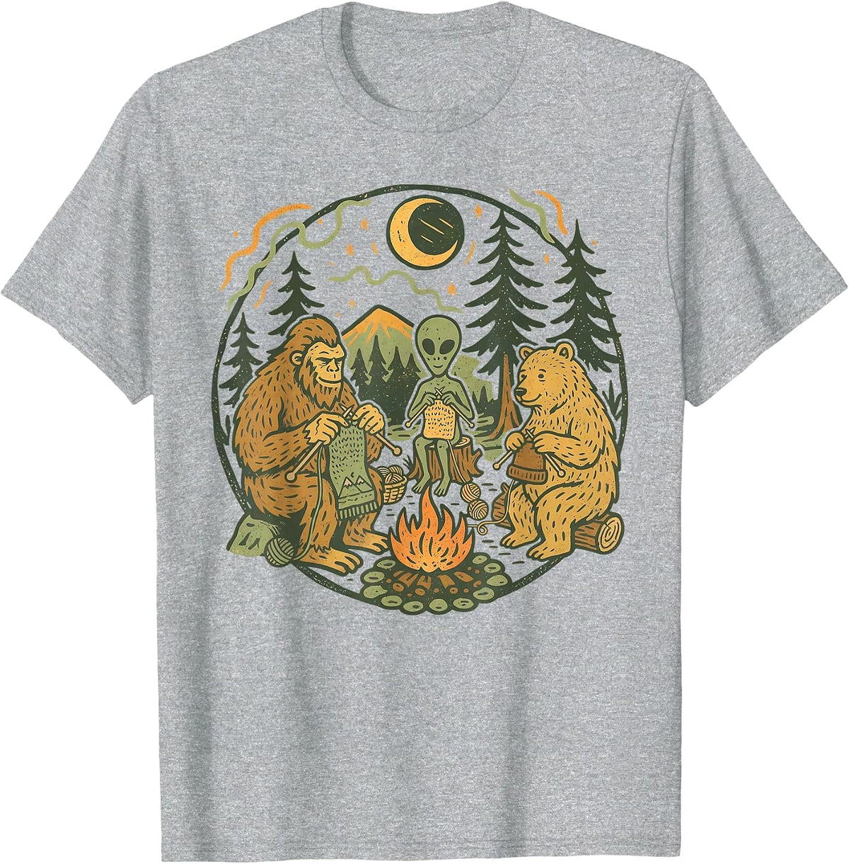 Campfire Knitting Friends Retro Bigfoot Alien Bear Knitting T-Shirt - Heather Grey