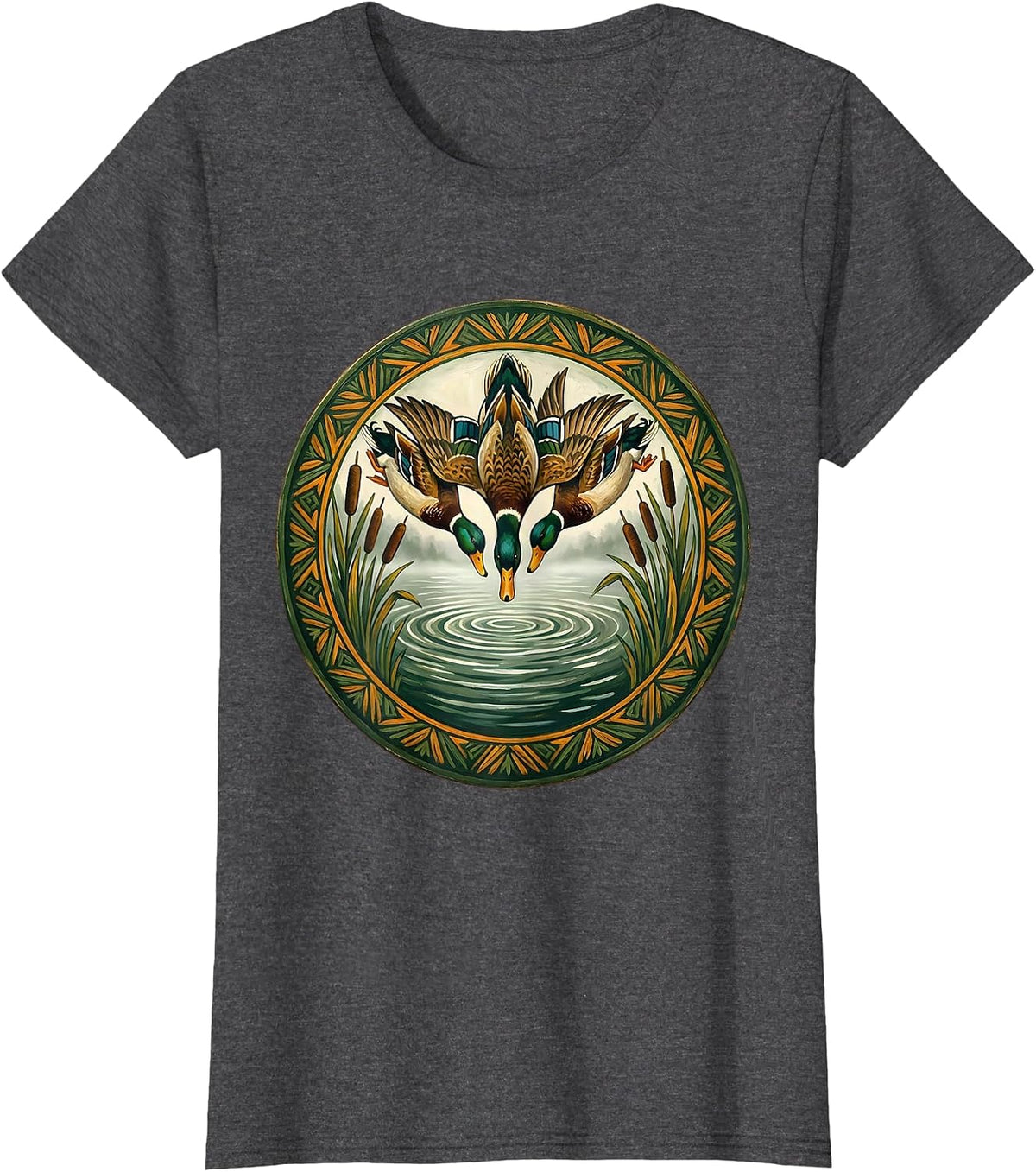 Women's Duck Camo Flock Descending on Misty Lake T-Shirt - Dark Heather Grey