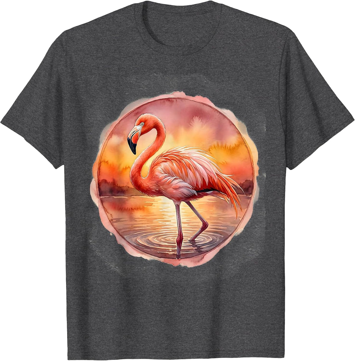 Men's Flamingo Standing on One Leg at Sunset T-Shirt - Dark Heather Grey