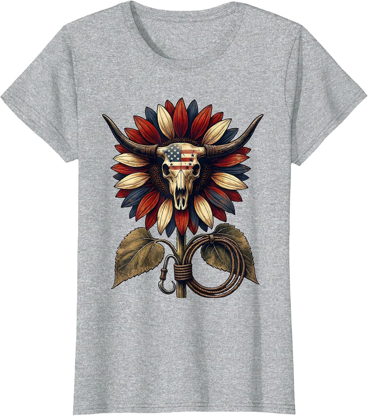 Red White and Blue Sunflower Patriotic Design T-Shirt - Heather Grey