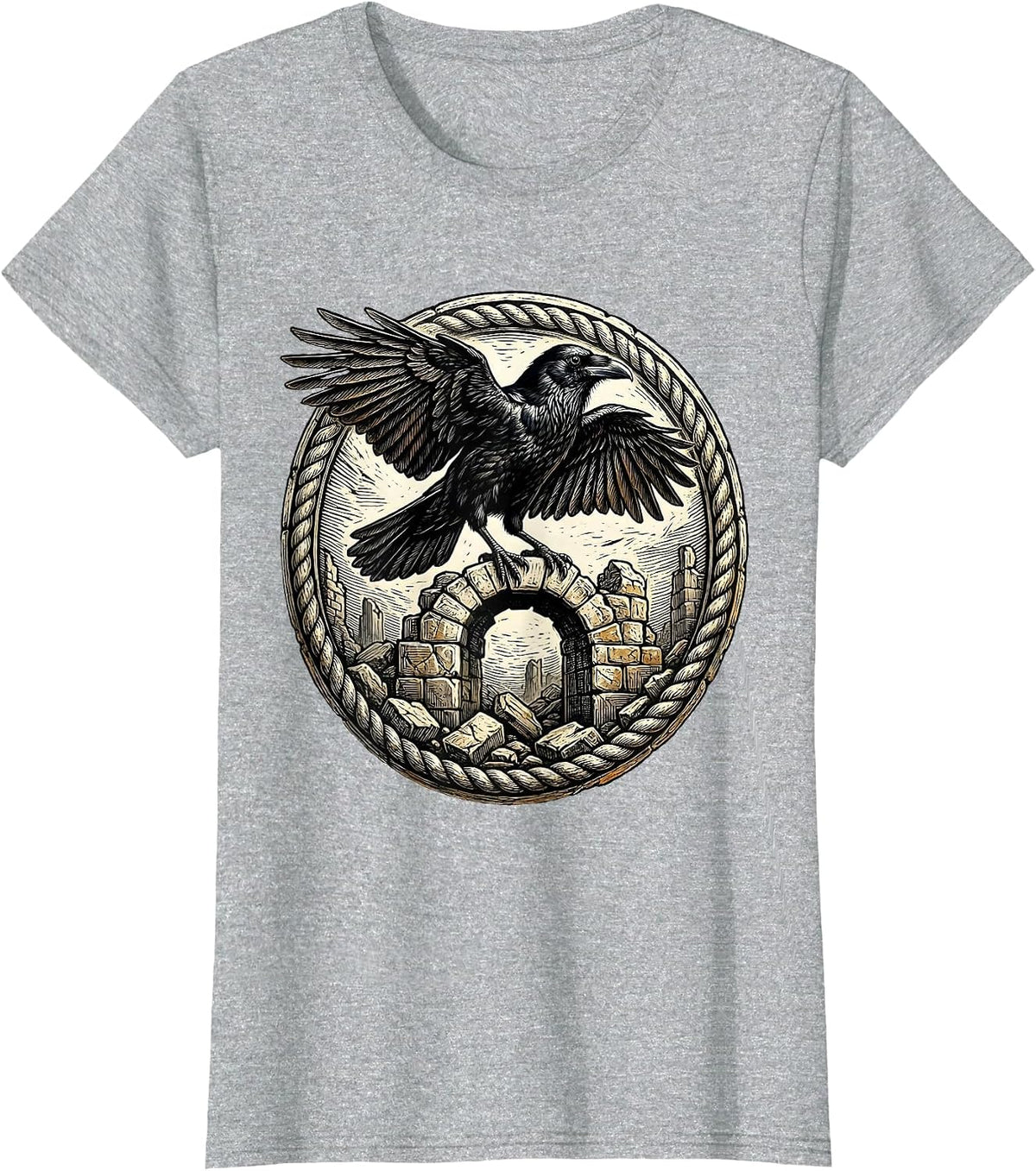 Women's Crow on Crumbling Stone Arch Illustration T-Shirt - Heather Grey
