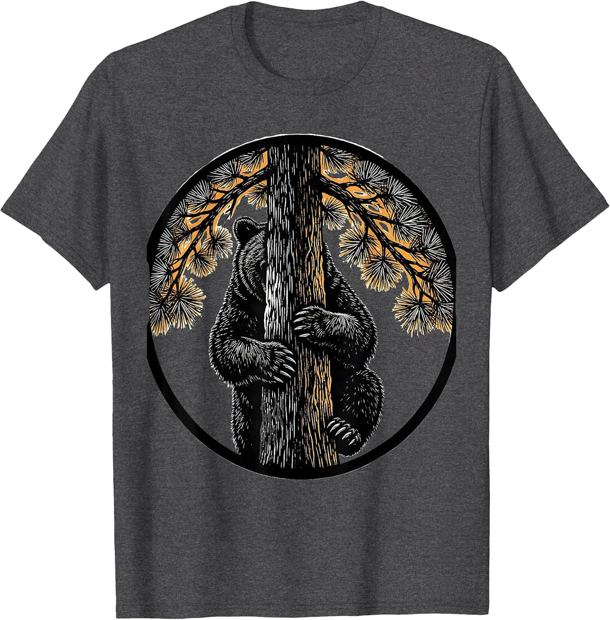 Bear Cub Climbing Pine Tree Nature Illustration T-Shirt - Dark Heather Grey