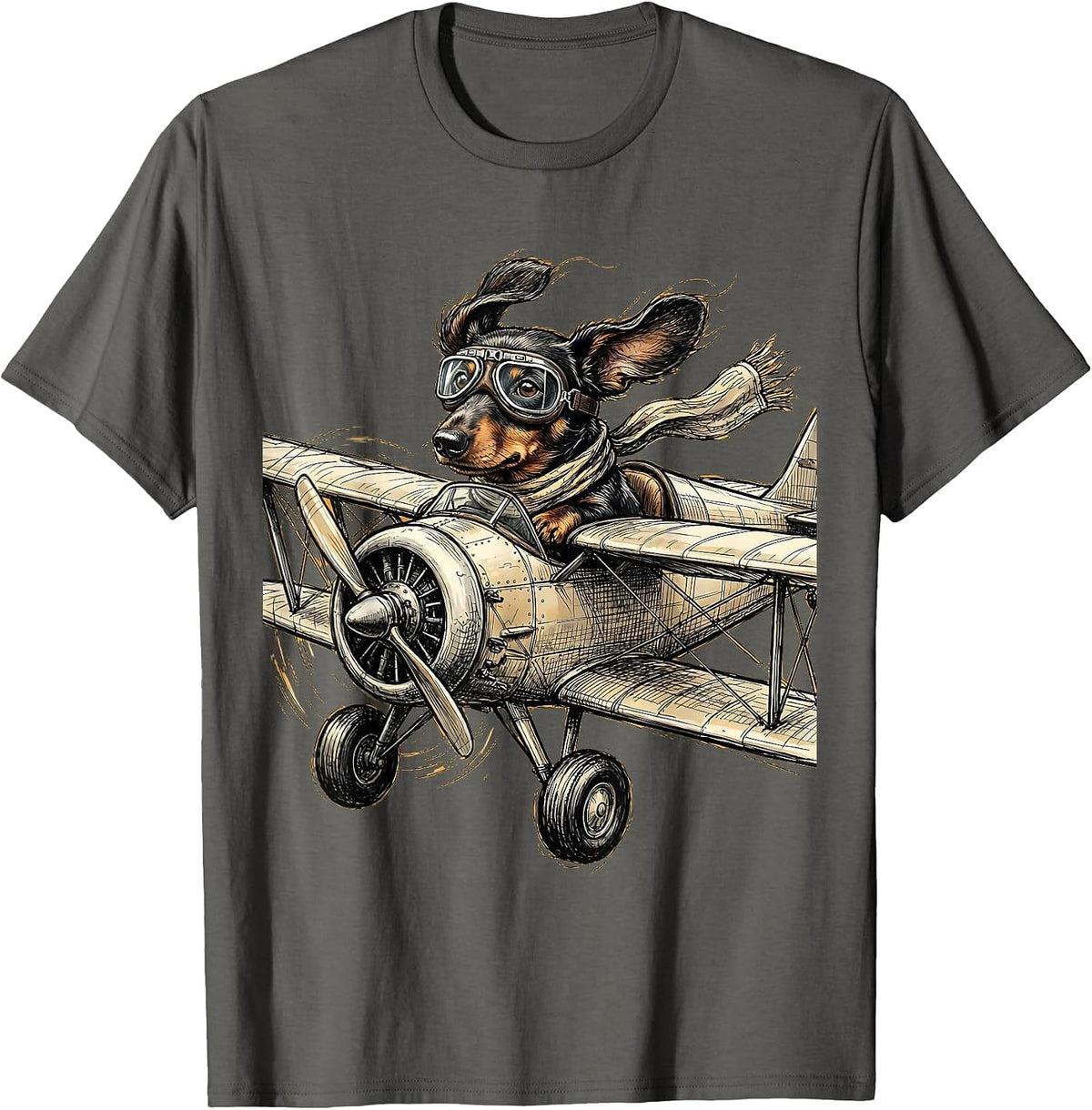 Dachshund Vintage Biplane Pilot Graphic Tee T-Shirt - Asphalt Grey
